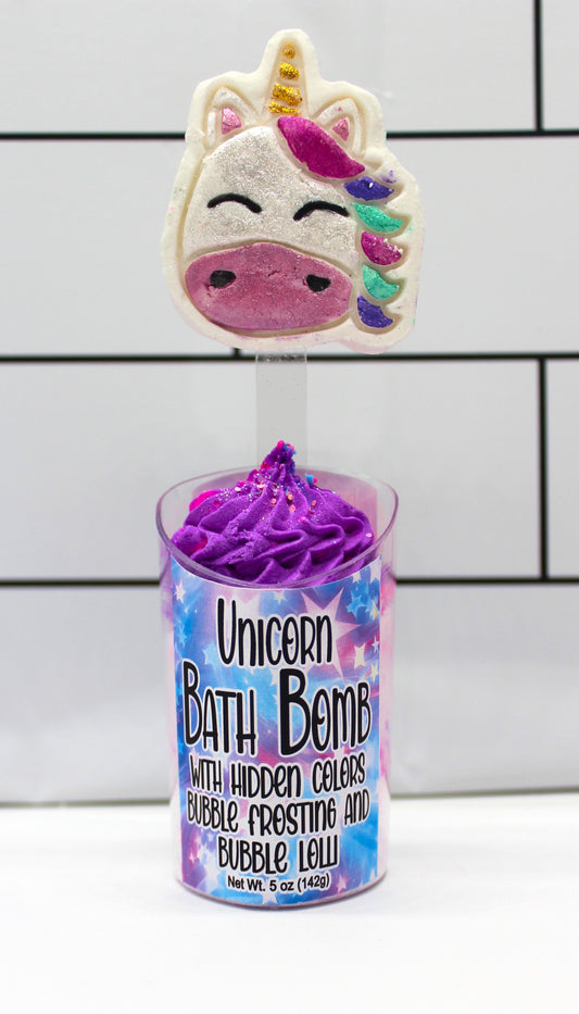 Unicorn Dream bath bomb with bubble frosting and bubble lollipop