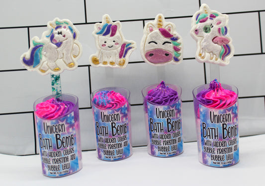 Unicorn Dream bath bomb with bubble frosting and bubble lollipop