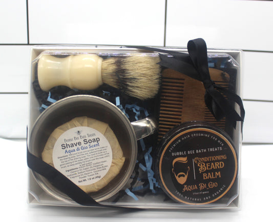 Dulxe Gift Set Shave Soap Puck in stainless steel mug, Boars Bristle Brush, 2oz Beard Balm and Beard Comb