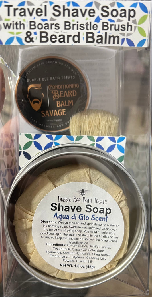 Travel Gift Set Shave Soap Puck in Travel Tin With Lid, Boars Bristle Brush and 1 oz Beard Balm