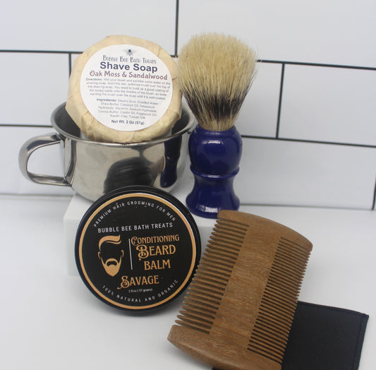 Dulxe Gift Set Shave Soap Puck in stainless steel mug, Boars Bristle Brush, 2oz Beard Balm and Beard Comb