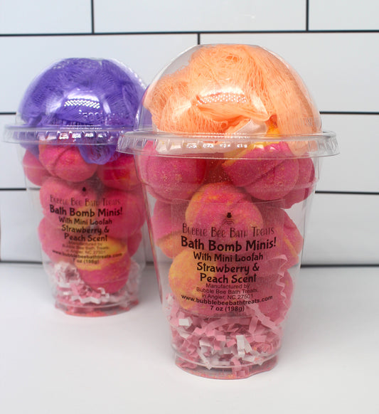 Bath Bomb Minis with Mini Loofah * Strawberry Peach