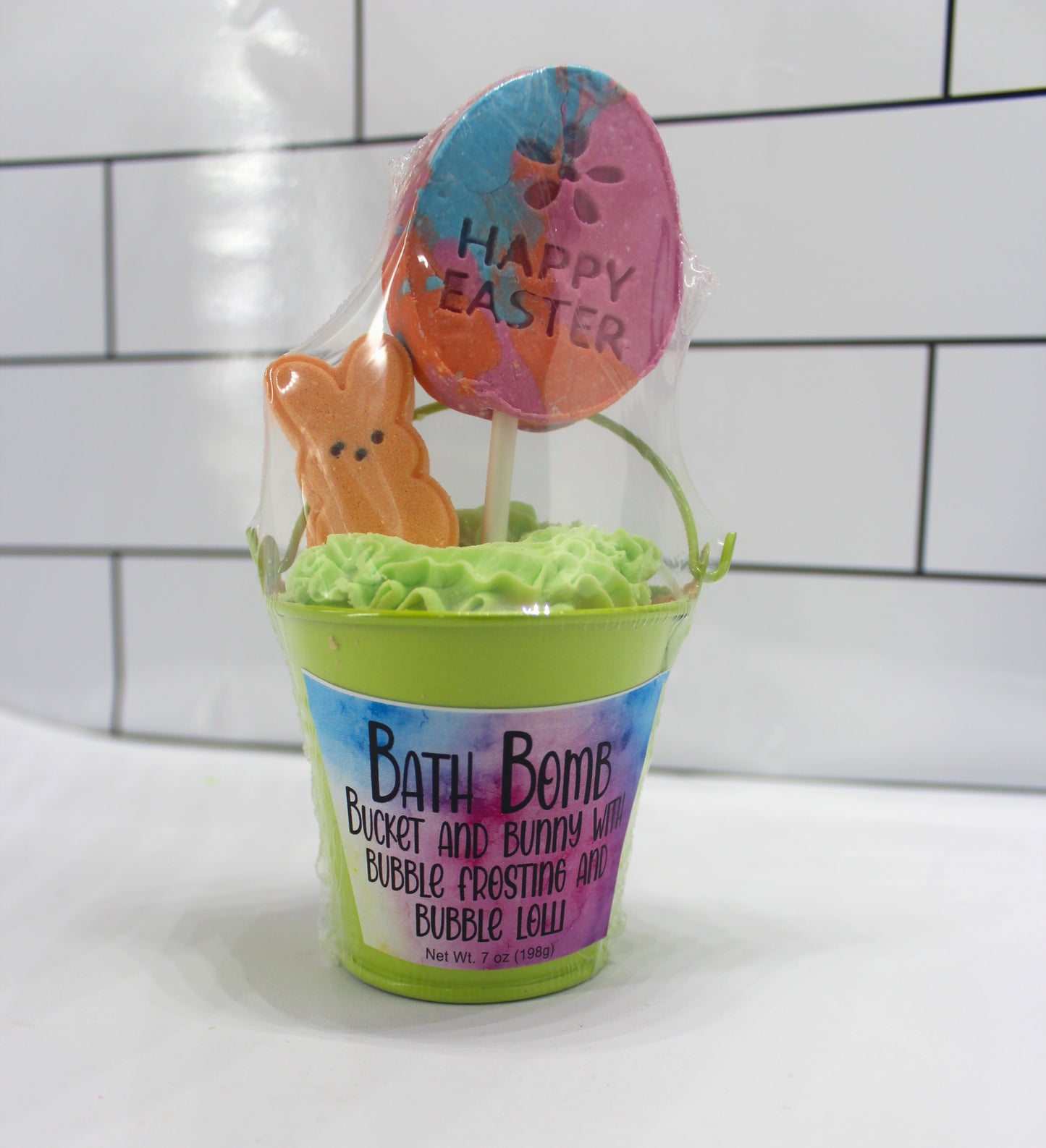 Bath Bomb Bucket and Bunny with Bubble frosting and Bubble Bath Lolli!