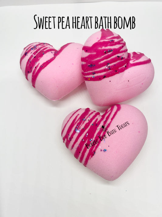 Bath Bomb SWEET PEA with hidden colors 3-inch HEART with Cocoa Butter drizzle